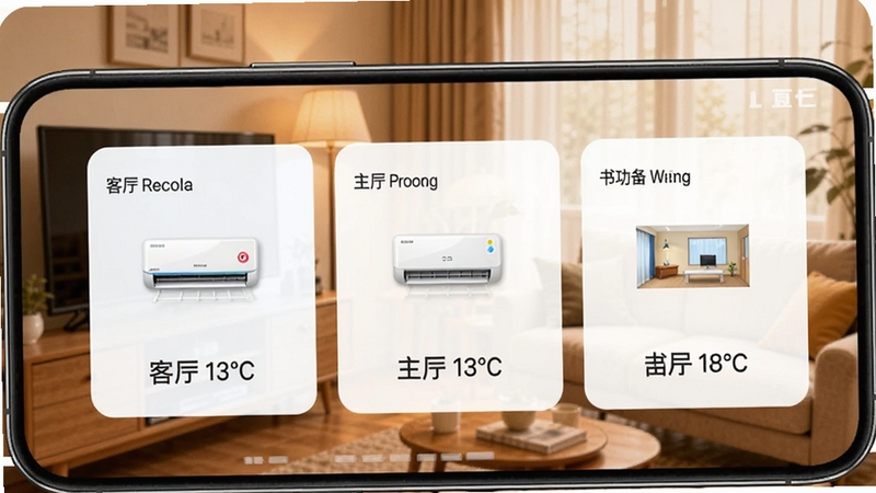 手机屏幕显示万能遥控器空调遥控的多设备管理界面,有三个卡片分别标注客厅、主卧、书房,每个卡片上有不同品牌的空调图标和当前温度,界面整洁有序,背景是家居环境,暖色调