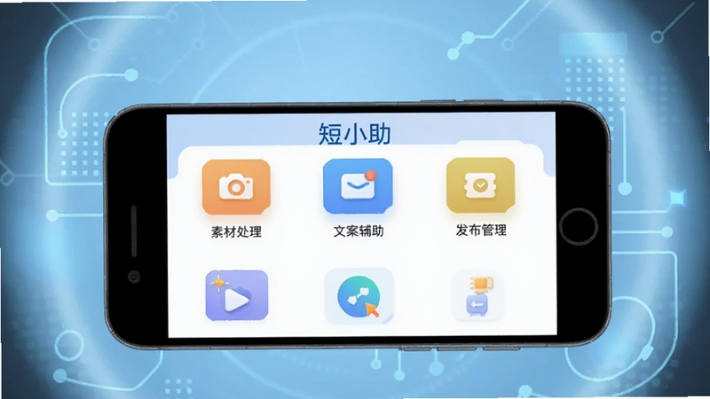 短小助软件主界面功能全貌展示,画面中央为手机屏幕正视图,屏幕上显示短小助应用首页,包含素材处理、文案辅助、发布管理等核心功能入口图标,背景区域为浅蓝色渐变科技感光晕,整体风格简洁清爽,适配Boogu模型生成