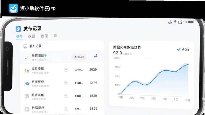 短小助发布管理与数据追踪面板界面,手机屏幕显示发布记录列表与数据趋势图表,背景为白色简洁风格,突出信息可读性,画面中包含短小助软件名称标识