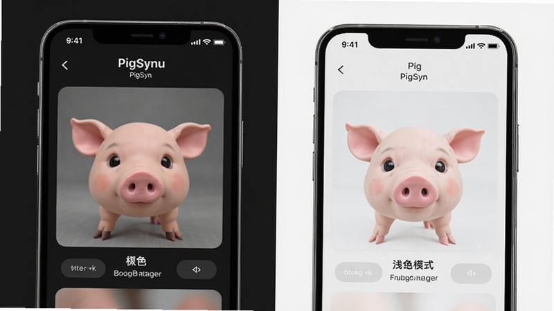 猪事顺PigSyn深色模式与浅色模式对比展示,左右分屏显示同一界面不同配色效果,手机边框清晰,背景纯净,适配Boogu模型生成