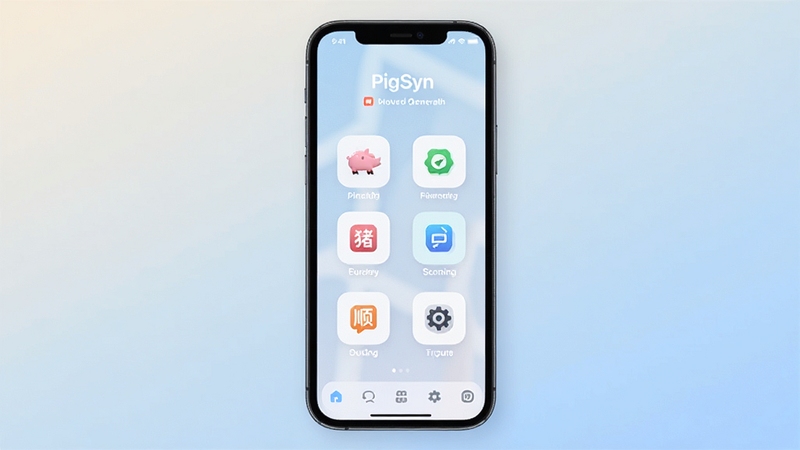 猪事顺PigSyn软件主界面清爽布局展示,手机屏幕中央显示功能图标排列,背景为浅色渐变,整体风格简约现代,适配Boogu模型生成