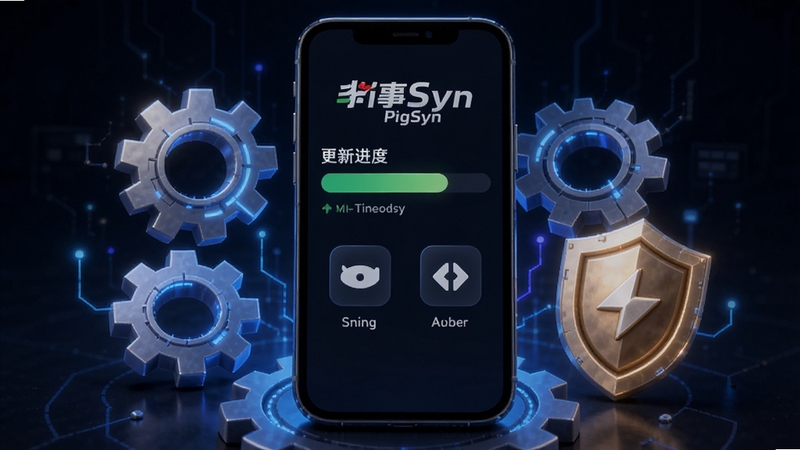 猪事顺PigSyn版本更新维护概念图,画面中手机屏幕显示更新进度条与优化图标,周围环绕齿轮与盾牌元素,科技感与安全感并重,适配Boogu模型生成