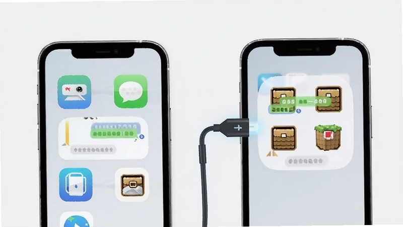 克隆数据便携同步应用数据克隆示意图,画面中一部手机里的应用图标带着数据线连接到另一部手机,图标内部显示聊天记录、存档等小图标,背景为浅灰色简约风格,突出应用数据完整迁移的技术感