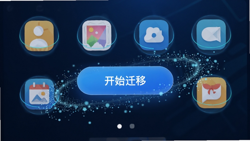 克隆数据便携同步一键换机功能界面,画面展示手机屏幕中数据分类图标整齐排列,联系人、相册、应用等图标发出光晕,中央有一个醒目的开始迁移按钮,周围环绕着数据流动的粒子特效,背景为深蓝色科技感渐变,突出极速与便捷