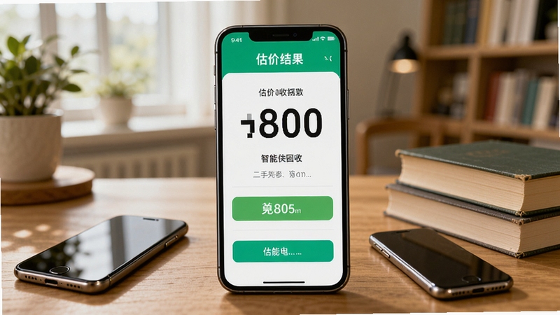 二手转卖闲置回收智能估价系统界面图,画面中央为手机屏幕展示估价结果页面,数字醒目,背景为书房环境,桌面上放着旧手机和旧书籍,体现闲置回收估价场景