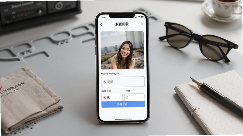 二手转卖闲置回收一键发布闲置功能界面图,画面主体为手机屏幕显示发布页面,包含照片上传区域、标题输入框、价格填写栏,背景为浅灰色工作台面,旁边摆放几件待售的闲置物品,光线柔和