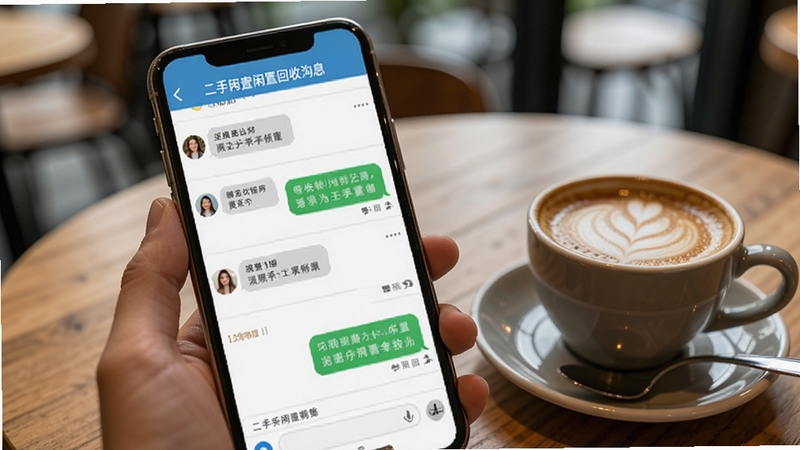 二手转卖闲置回收消息沟通界面图,手机屏幕显示聊天对话列表与聊天气泡,背景为咖啡厅桌面,旁边有一杯咖啡,氛围轻松,体现二手闲置买卖沟通场景