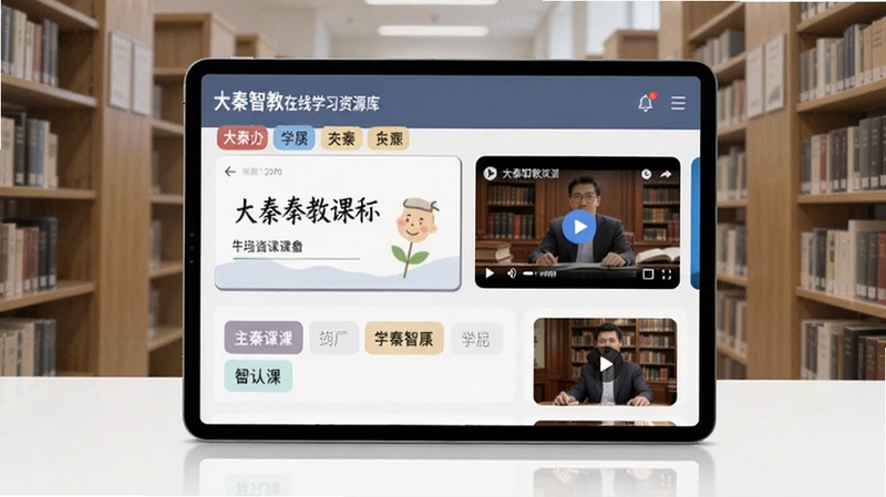大秦智教在线学习资源库界面展示,画面主体为平板电脑屏幕呈现课件与视频列表,背景为图书馆书架场景,屏幕内显示多个学科分类标签,风格现代简约,适合Boogu模型生成