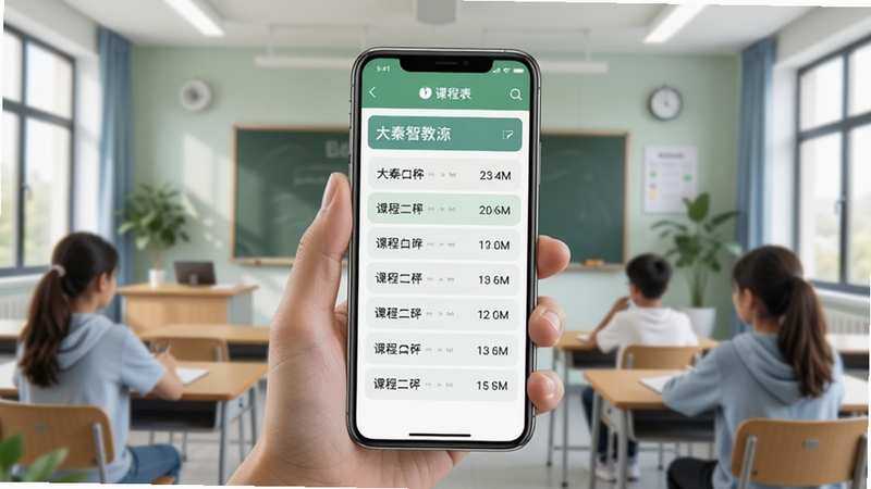 大秦智教智慧课程管理功能展示图,画面主体为手持手机展示课程表界面,背景为现代教室环境,屏幕内清晰显示课程名称与时间安排,整体色调清新自然,适合Boogu模型生成