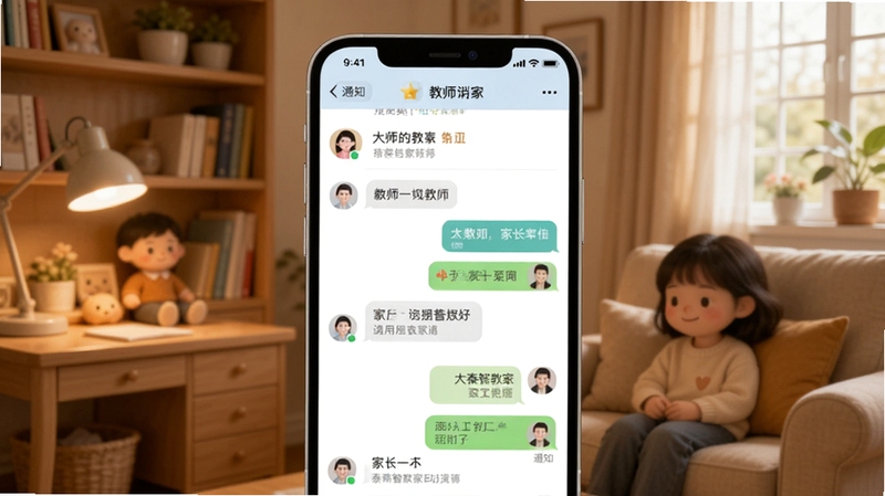 大秦智教家校互动功能界面截图,画面中央为手机屏幕展示通知与聊天列表,背景为温馨家庭书房场景,屏幕内呈现教师与家长对话气泡,风格简洁友好,适配Boogu模型生成