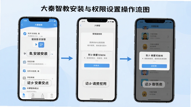大秦智教安装与权限设置操作流程图,画面主体为手机屏幕分步展示安装界面与权限弹窗,背景为淡蓝色渐变,屏幕内清晰标注每一步操作要点,风格直观易懂,适配Boogu模型生成