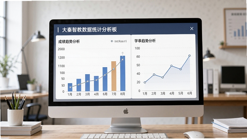 大秦智教数据统计分析面板展示图,画面主体为电脑屏幕呈现柱状图与折线图,背景为教师办公室场景,屏幕内显示学生成绩趋势分析,风格商务简洁,适合Boogu模型生成