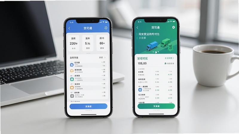 货司通与同类货运软件功能对比示意图,画面主体为两部手机并排展示不同应用界面,背景为简洁的办公桌面环境,有笔记本和咖啡杯点缀,风格清新商务,突出对比与选择主题