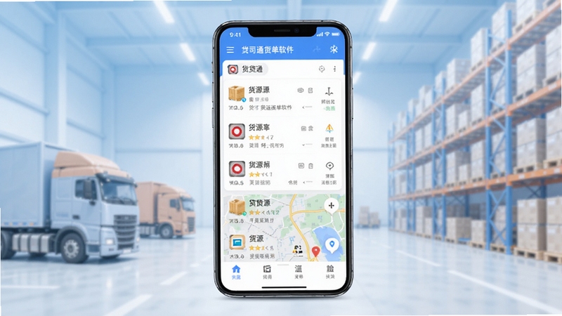 货司通货运接单软件主界面预览图,画面主体为一部竖屏智能手机位于正中央,屏幕显示货源列表与地图导航模块,背景为浅蓝色渐变物流仓库场景,远处有货车与货架轮廓,整体风格简洁明亮,适配移动应用展示