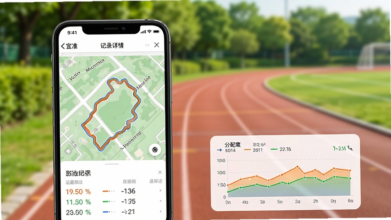 宜准运动运动记录详情页,手机屏幕展示跑步轨迹地图和配速分段图表,背景为户外跑道和绿植,画面清新自然,突出运动数据记录的全面性与直观性