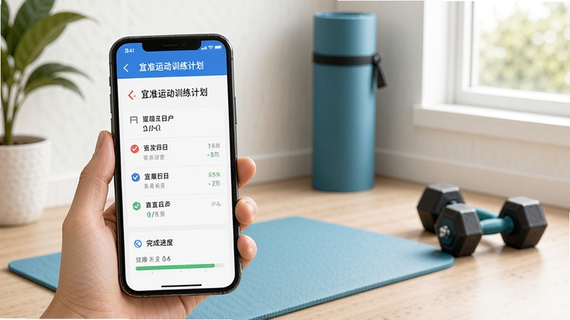 宜准运动训练计划页面,手机屏幕显示一周训练日程和完成进度,画面简洁明亮,背景为居家健身角落,瑜伽垫和哑铃点缀,传递科学训练与自律生活的理念