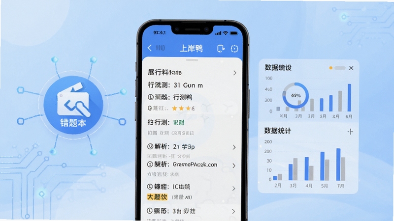 上岸鸭公考智能刷题功能展示,手机屏幕显示行测题目与解析界面,旁边有错题本图标和数据统计图表,背景为淡蓝色渐变,突出科技感与学习氛围