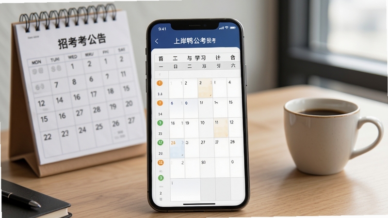 上岸鸭公考报考资讯与备考规划界面,手机屏幕显示招考公告列表和日历式学习计划表,背景为办公桌场景,有日历和咖啡杯,整体风格简洁商务