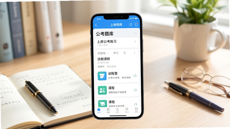 上岸鸭公考软件主界面展示,画面中央为手机屏幕,屏幕上显示公考题库练习界面与课程列表,背景为书桌场景,有笔记本和文具,整体色调清新明亮,适合学习类软件宣传图风格