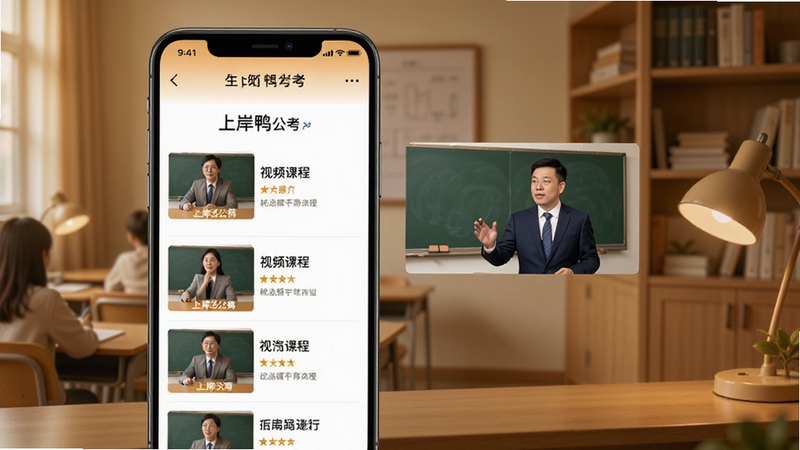 上岸鸭公考精品课程页面,手机屏幕展示名师视频课程列表与播放界面,画面中有教师授课场景小窗口,背景为教室或书房环境,色调温暖专业