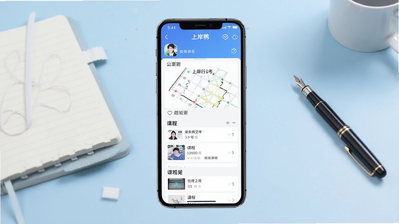 上岸鸭公考APP主界面与题库刷题页面全景展示,画面中央为手机屏幕模拟图,屏幕内呈现公考行测刷题界面与课程列表,背景区域为浅蓝色渐变书桌场景,点缀笔记本与钢笔元素,整体风格清爽简洁,适配Boogu模型生成