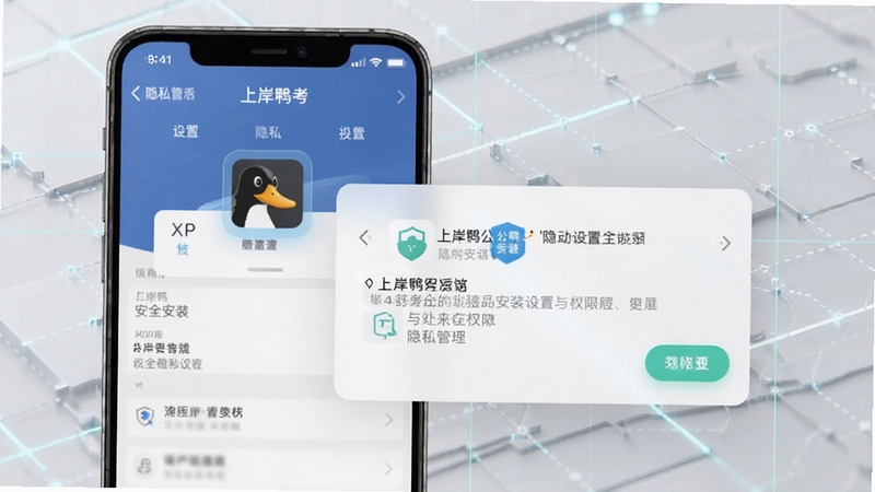 上岸鸭公考移动端安装设置与权限管理界面截图示意,画面主体为手机设置页面与APP权限弹窗,背景区域为浅灰色科技感网格,突出安全安装与隐私保护主题,适配Boogu模型生成