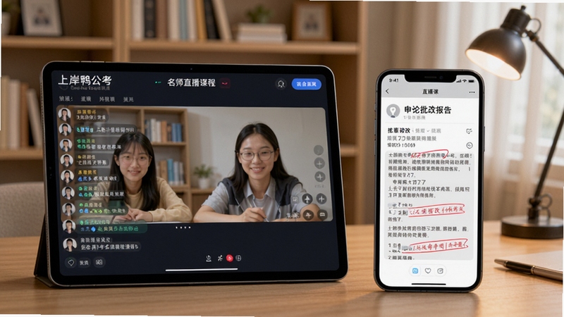 上岸鸭公考名师直播课程界面与申论批改报告展示,画面主体为平板电脑与手机双屏联动,屏幕内呈现直播课师生互动弹幕与批改批注细节,背景区域为现代书房环境,色调温暖柔和,适配Boogu模型生成
