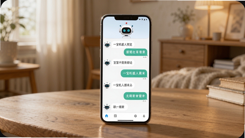 一宝机器人智能对话交互场景图,画面展示一部安卓手机放置在木质桌面上,手机屏幕显示一宝机器人的多轮对话界面,对话气泡清晰可见,屏幕上方有机器人头像标识,背景为温馨的室内环境,光线柔和,整体风格写实自然,适配Boogu模型生成,图片alt为一宝机器人预览图