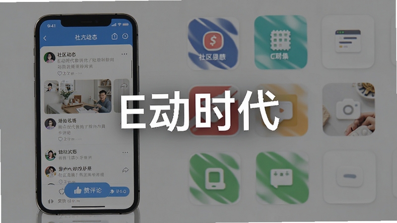 E动时代 社区互动与实用工具界面展示图,画面左侧为手机屏幕显示社区动态列表与点赞评论按钮,右侧为工具集合网格图标,背景为浅灰色极简风格,画面中心有E动时代软件名称字样,适配Boogu模型生成