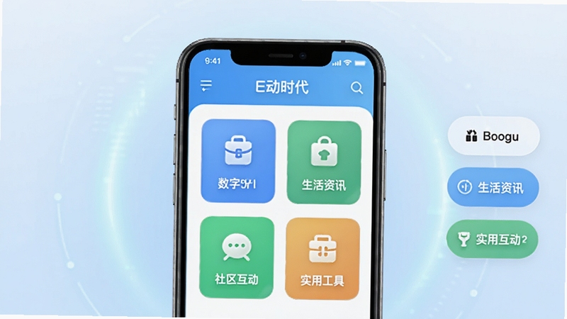 E动时代 软件主界面功能全貌展示图,画面中央为手机屏幕显示软件首页,包含数字定制、生活资讯、社区互动、实用工具四大板块图标,背景为淡蓝色渐变科技感光晕,画面右侧有悬浮快捷按钮,整体风格简洁明亮,适配Boogu模型生成