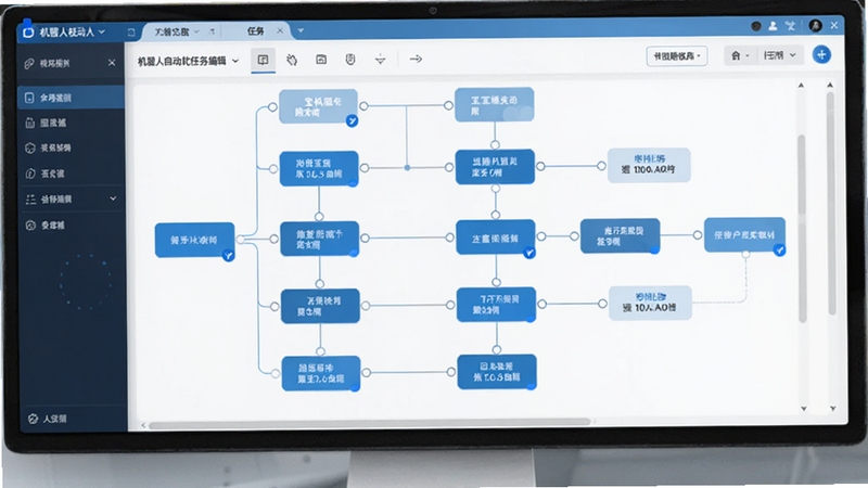 一宝机器人自动化任务编辑界面,展示流程图式的任务节点与连线,配色以科技蓝和白色为主,画面简洁专业