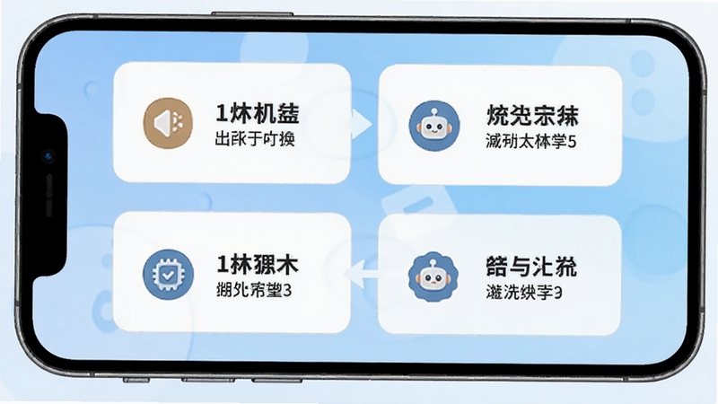一宝机器人使用教程示意图,手机屏幕展示四个功能模块的切换动画,每个模块配有小图标和文字说明,整体风格简洁明快,背景为柔和的渐变蓝色