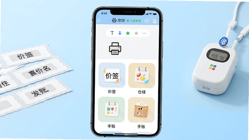 京印标签软件主界面全貌展示,画面中央是一部智能手机屏幕亮起显示京印标签应用首页,屏幕上方有连接打印机状态栏,下方排列着价签、仓储、手账等模板分类入口,背景为整洁的浅蓝色渐变桌面,桌面散落着几张已打印好的标签纸和一台小型蓝牙标签打印机,整体风格清新明亮,适合软件下载站展示图