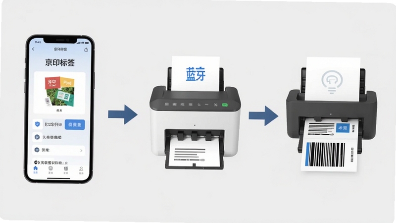 京印标签打印机使用步骤示意图,画面分为三个部分,左侧手机打开京印标签应用,中间蓝牙连接打印机,右侧打印出标签,每个步骤用箭头连接,背景为简洁的浅灰色,整体风格扁平化信息图