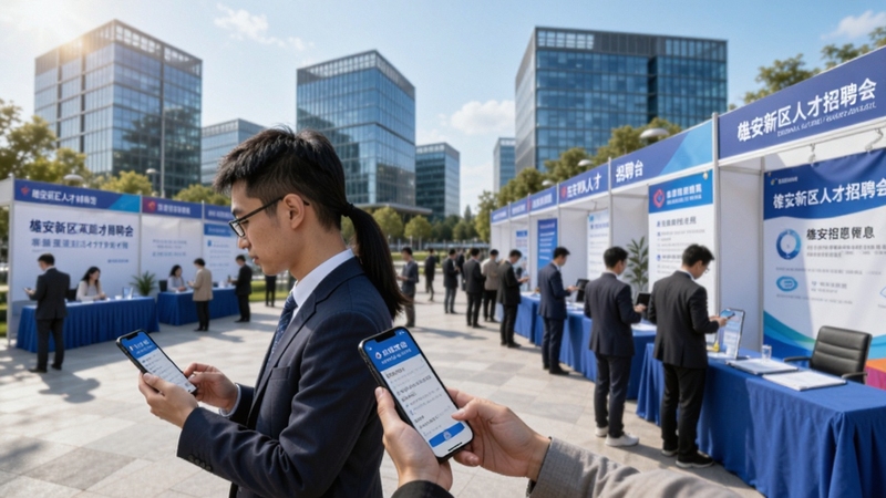 雄安新区人才招聘会现场场景,画面主体为求职者使用手机浏览雄安招聘信息,背景为雄安新区现代化办公园区与招聘展位,风格积极向上,突出就业机会的丰富与人才平台的便捷