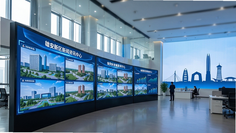 雄安新区新闻资讯中心场景,画面主体为整齐排列的数字信息屏幕展示雄安最新政策与建设进展,背景为现代化办公环境与雄安地标剪影,风格专业大气,突出权威资讯的及时性与可靠性