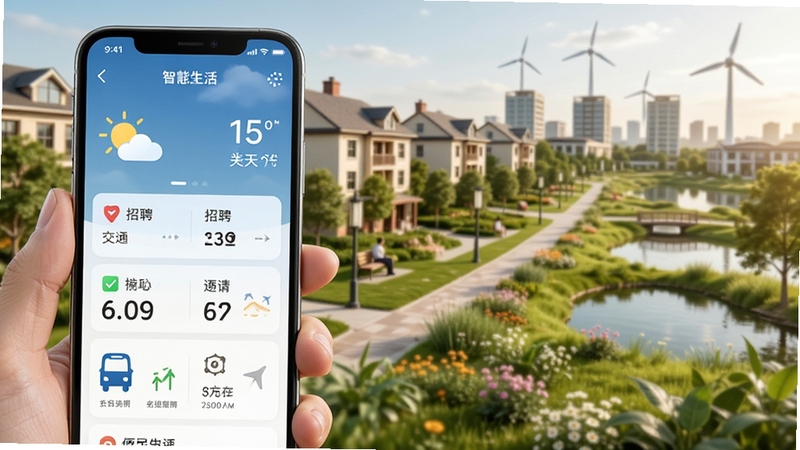 雄安新区智慧生活服务场景,画面主体为手机屏幕展示天气、招聘、交通等便民服务模块,背景为雄安新区居民社区与绿色生态环境,风格温馨实用,突出生活服务的便捷与贴心