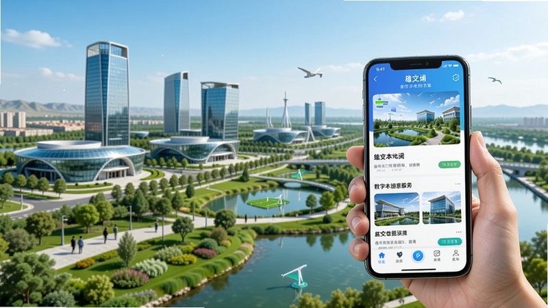展现雄安新区现代化城市风貌与数字信息服务相融合的场景,画面主体为手持智能手机展示雄安本地资讯应用的界面,背景为雄安新区地标建筑与绿色生态景观,整体风格现代简洁,色彩明亮,突出科技感与地域特色