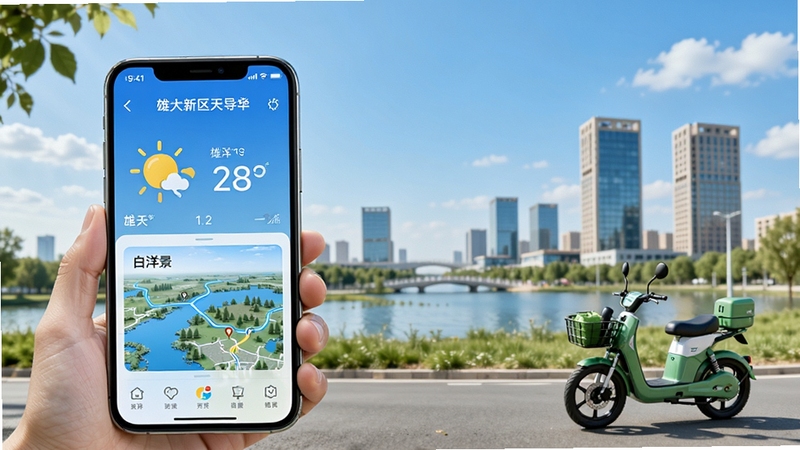雄安新区天气预报与出行场景,画面主体为手机屏幕展示雄安天气界面与白洋淀景区导览图,背景为晴朗天空下的雄安城市景观与绿色出行工具,风格清新自然,突出天气服务与出行的紧密关联