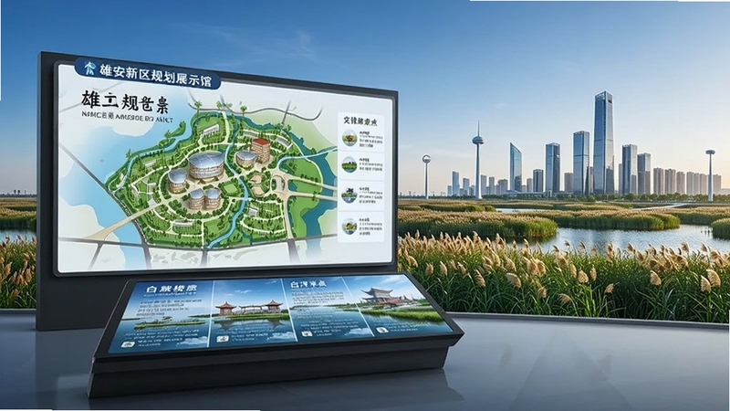 雄安新区规划展示馆与白洋淀自然景观结合的场景,画面主体为雄安新区规划图与旅游景点介绍界面,背景为白洋淀芦苇荡与现代化城市天际线,风格恢弘大气,突出规划愿景与文化底蕴