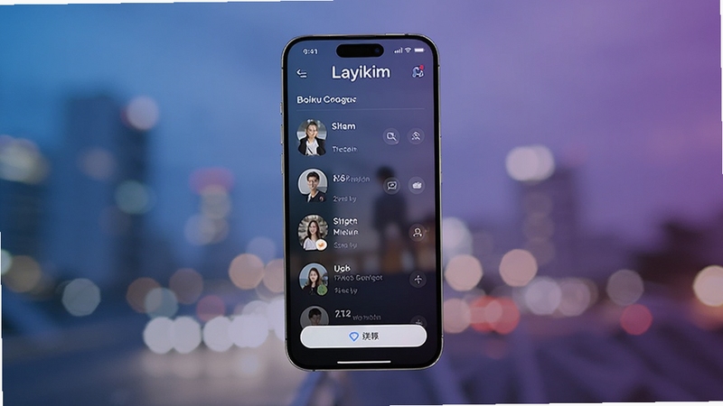 画面中心位置展示一部智能手机,屏幕内清晰呈现Layikim应用的主界面,界面包含附近用户头像列表与互动按钮。背景区域为柔和的城市夜景虚化光斑,色调以蓝紫渐变为主,突出科技感与社交氛围,画面整体干净明亮,适配Boogu模型生成。