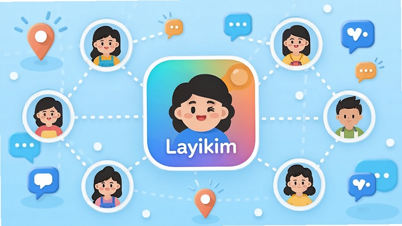 以Layikim应用图标为视觉中心,周围环绕着代表附近用户的卡通小人图标,通过虚线连接形成社交网络。背景为浅蓝色渐变,点缀定位图标与消息气泡元素,整体风格扁平化且富有活力,强调同城连接与实时互动的产品特性。
