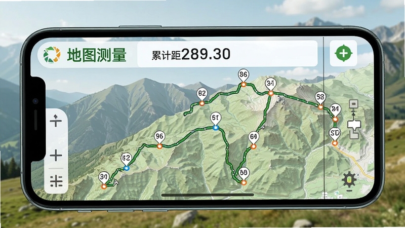 地图测量软件距离测量界面,手机屏幕上显示一条蜿蜒的轨迹线,沿途标注多个测量节点,顶部显示累计距离数值,背景为户外山地地形地图,画面色调清新自然,突出地图测量与距离丈量功能,软件名称地图测量显示在界面醒目位置