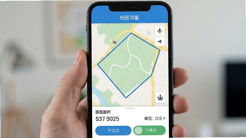 地图测量软件主界面展示,手机屏幕中显示地图上已勾画出多边形地块边界,界面下方清晰列出面积数值与单位切换按钮,背景为轻快的浅色地图风格,整体画面简洁专业,突出地图测量功能,软件名称地图测量置于画面顶部
