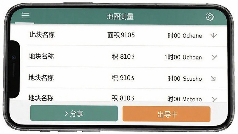 地图测量软件数据管理界面,手机屏幕显示测量记录列表,每条记录包含地块名称、面积数值和测量时间,界面底部有分享与导出按钮,背景为简洁的列表式布局,突出地图测量数据管理功能,软件名称地图测量显示在标题栏