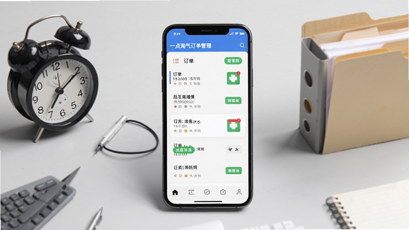 一点淘气订单管理界面,画面中央是手机屏幕,屏幕内显示订单列表和状态标签,背景为浅灰色工作台,旁边有闹钟和文件夹元素,体现效率感