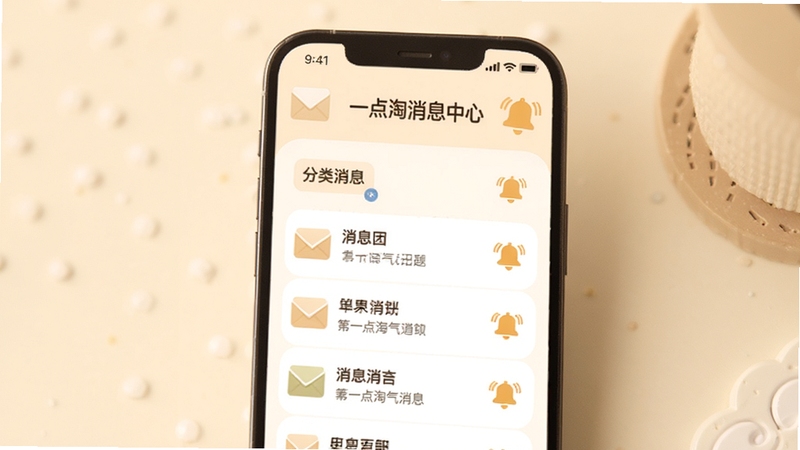 一点淘气消息中心界面,手机屏幕展示分类消息列表,背景为柔和米色,有信封和铃铛图标点缀,风格温馨简洁