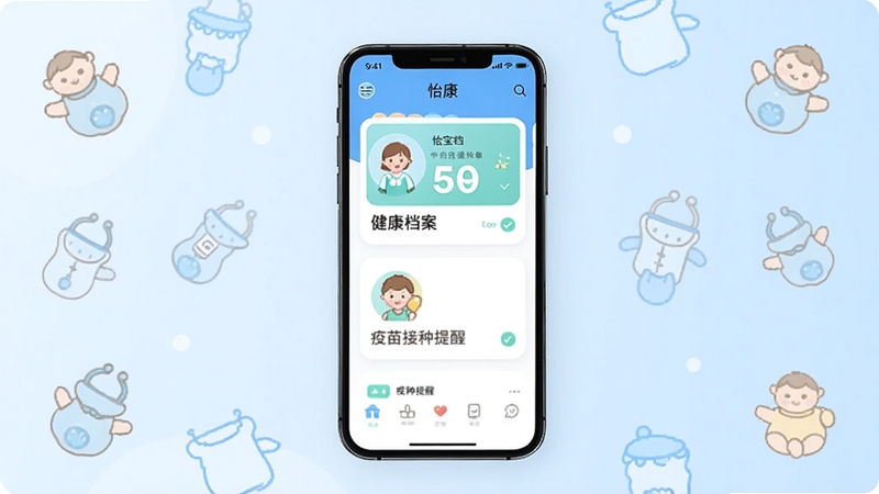 怡康软件主界面展示,画面主体为一部智能手机居中放置,屏幕显示怡康应用首页,包含宝宝健康档案卡片和疫苗接种提醒图标,背景为柔和的浅蓝色渐变,点缀可爱的婴儿用品简笔图案,整体风格温馨专业,适配Boogu模型生成