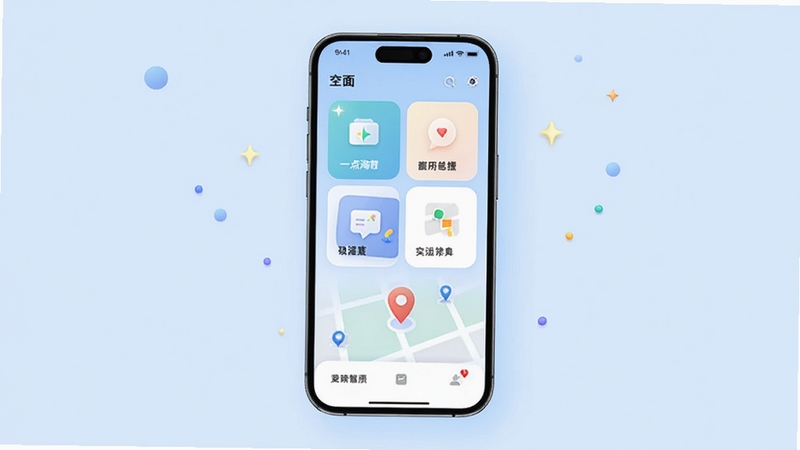 一点淘气应用主界面展示,手机屏幕居中放置,背景为淡蓝色渐变,屏幕内呈现清晰的卡片式功能入口和地图定位图标,周围点缀微小的星光与圆点元素,整体风格清爽现代,适配Boogu模型生成。