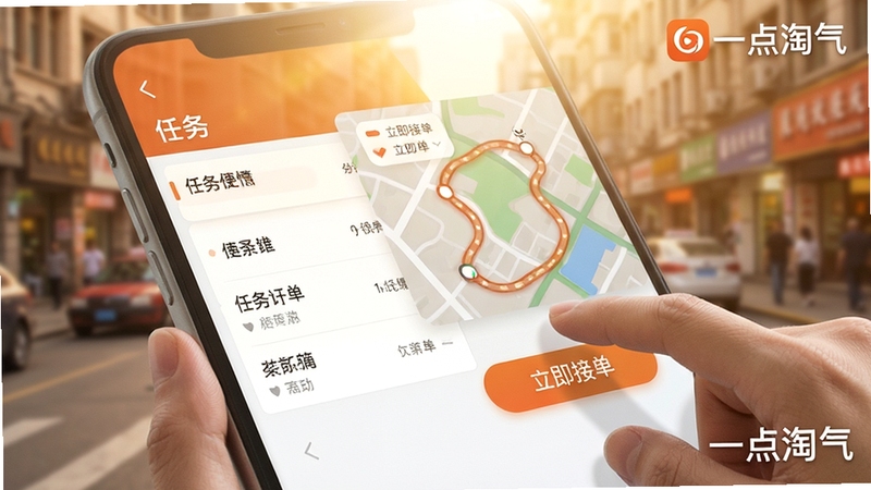 一点淘气功能界面特写,展示任务列表与地图轨迹融合的画面,一只手正点击屏幕上的“立即接单”按钮,背景为模糊的城市街道,色调温暖明亮,突出便捷与高效,画面细节需包含一点淘气Logo水印。